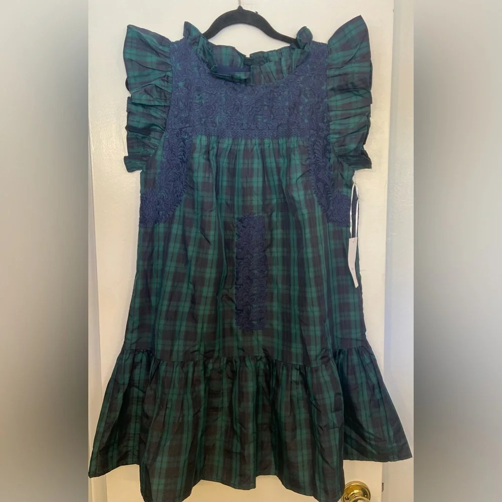 NWT The Joyce Ruffle Neck Dress Hunter Navy & Green Plaid Size Small - Picture 6 of 10